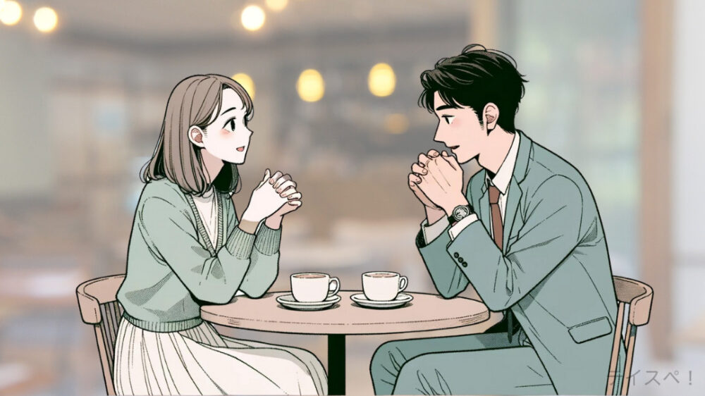 カフェで笑顔で会話する男女
