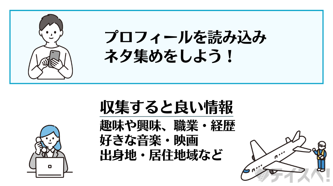 プロフィールを参考にして共通の話題を見つけるの図解