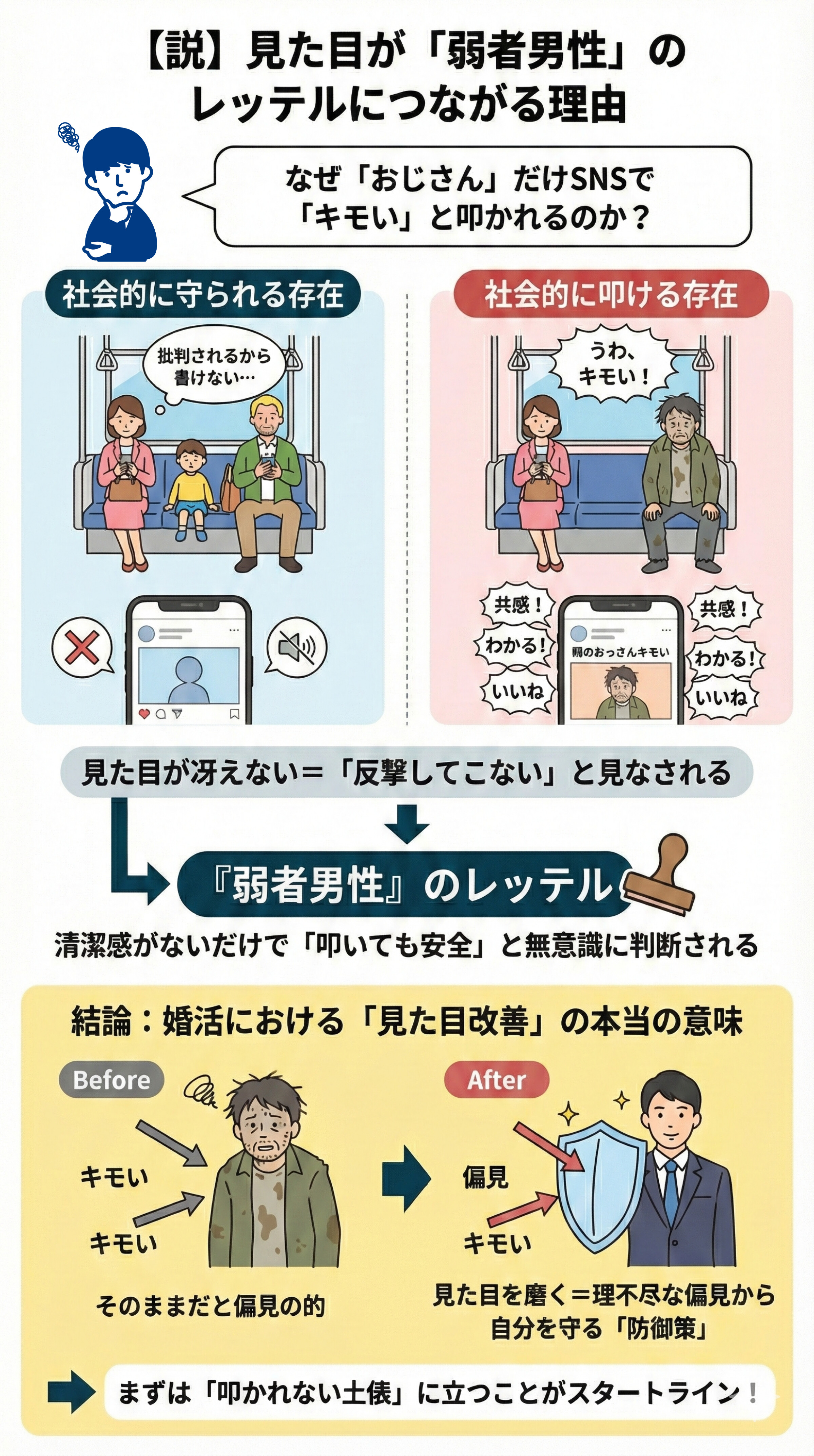 見た目が弱者男性のレッテルにつながる理由の図解