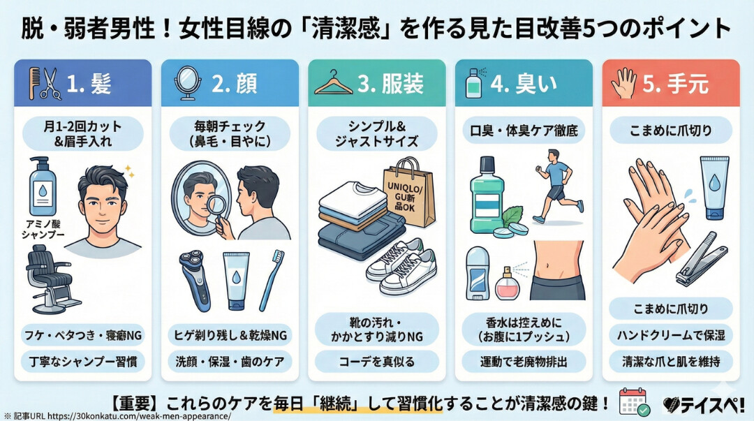 女性から弱者男性と思われないための見た目改善方法の図解