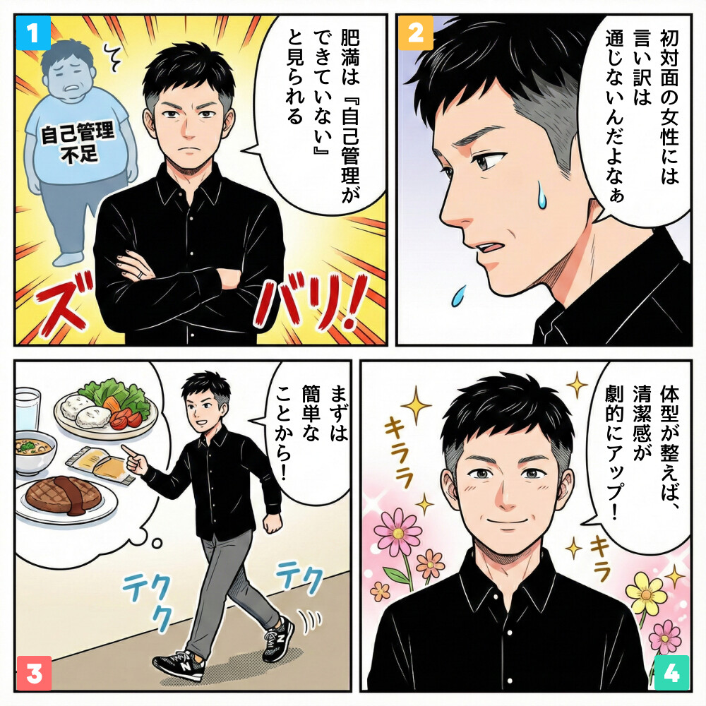 肥満が「自己管理不足」と見られることを懸念し、見た目を改善するために食事制限と運動を始める男性の4コマ漫画。太りすぎの状態から体型が整い、清潔感が劇的にアップするまでの過程を描写