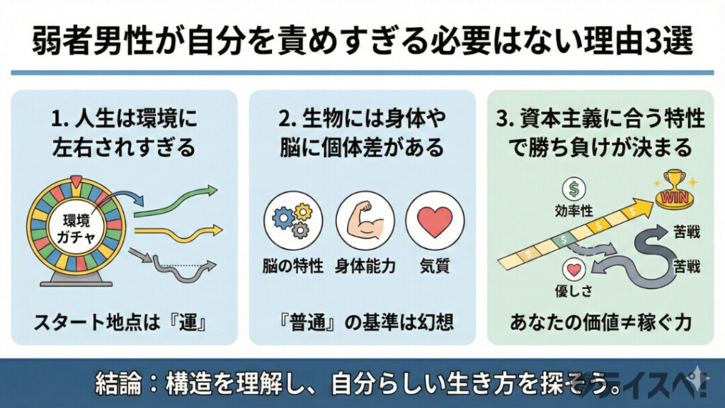 弱者男性が自分を責めすぎる必要はない理由3選の図解