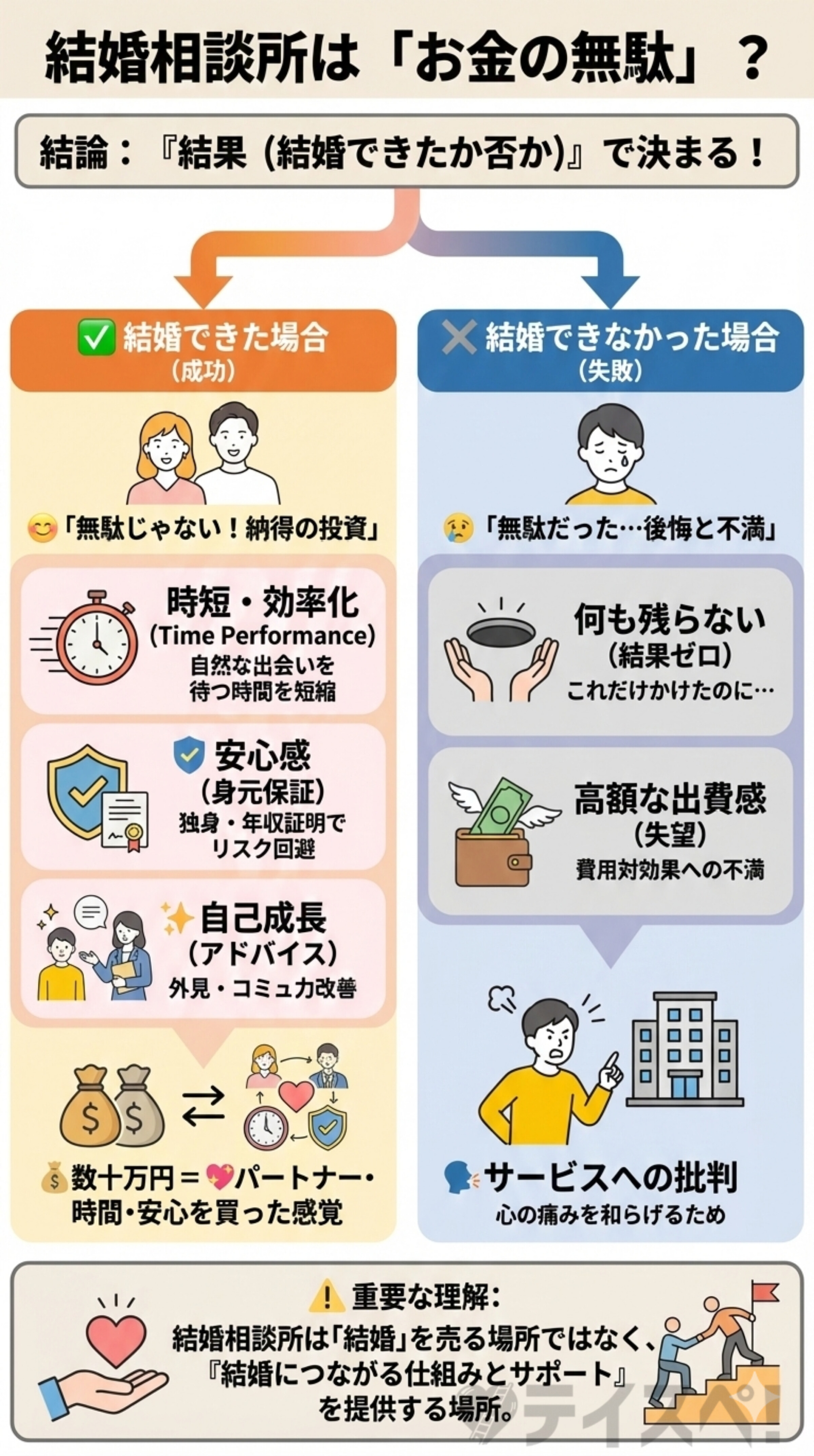 結婚相談所は結果によって「お金の無駄」と思うかどうかが変わるの図解
