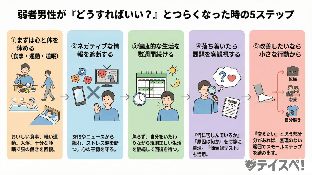 弱者男性が「どうすればいい？」とつらくなったときに取るべきステップの図解