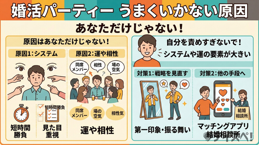 結論｜婚活パーティーがうまくいかない原因は『あなたがダメだから』だけではない
