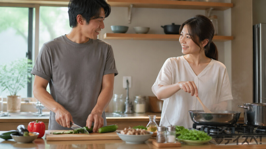 30代夫婦が自宅キッチンで一緒に夕食を作っている日常シーンの写真