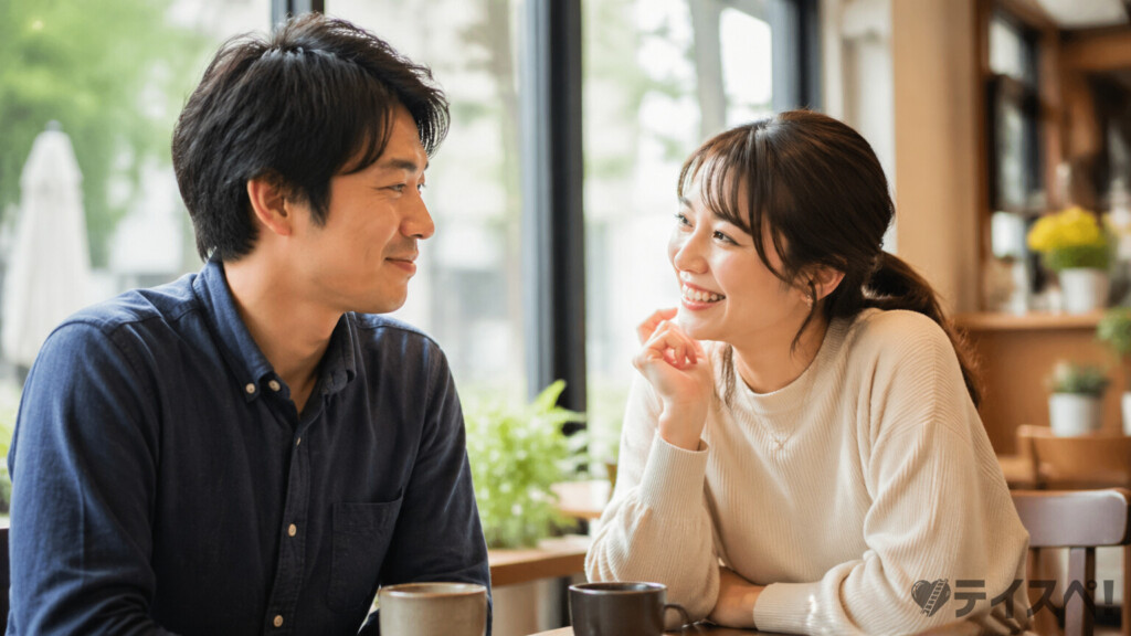 カフェのテーブルで30代女性が前のめりに話しかけ、30代男性が落ち着いて穏やかに微笑みながら受け止めている自然な会話シーン