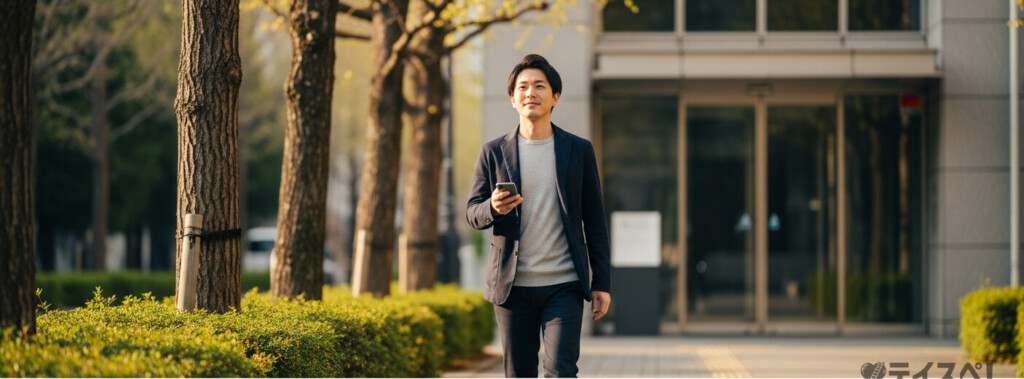 春の並木道をスマホを持って前向きな表情で歩く30代男性の写真