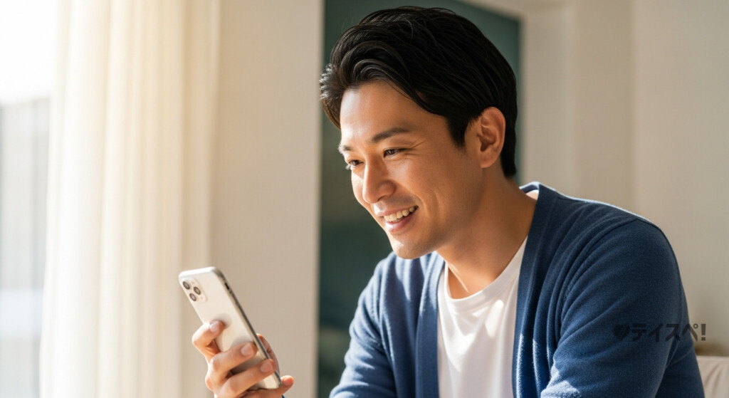 婚活に前向きな30代男性がスマートフォンを手にほっとした表情をしているイメージ写真