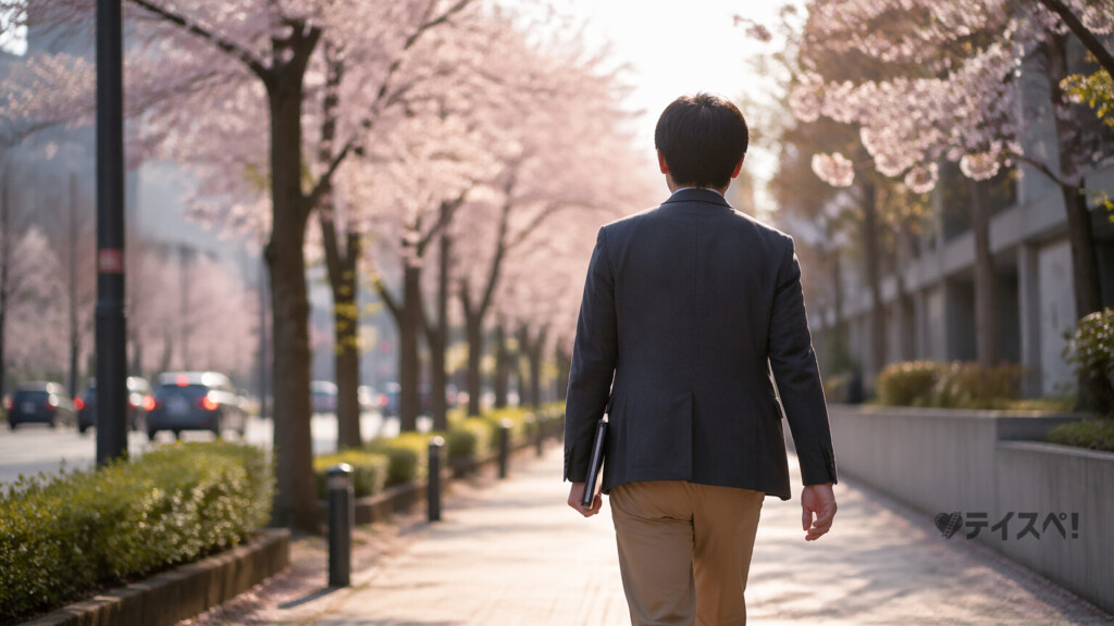 桜並木の朝の街を前向きに歩いていく30代男性の後ろ姿