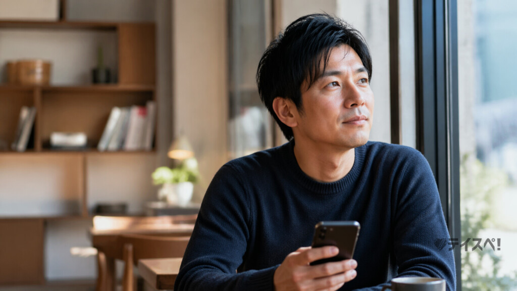 カフェの窓際でスマホを手に穏やかな表情で考え事をする30代日本人男性の写真
