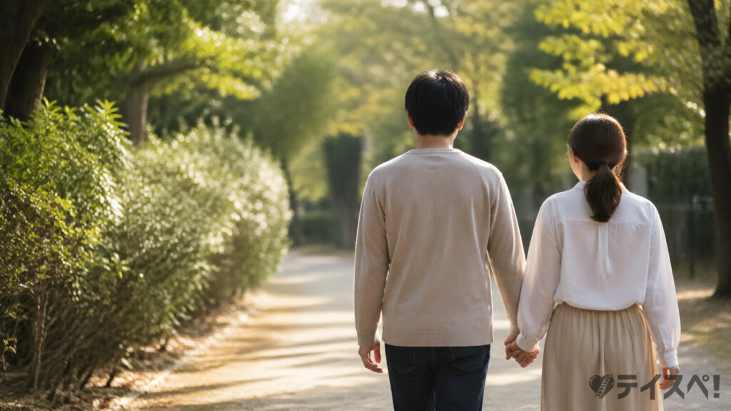 30代カップルが手をつないで日差しの差す公園の小道を並んで歩く後ろ姿の写真