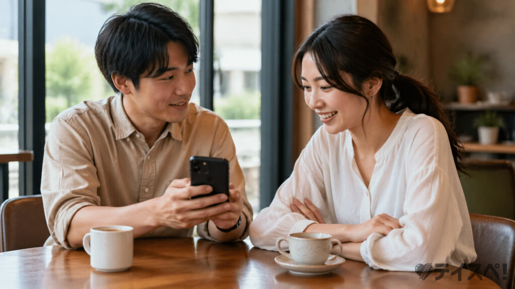 カフェのテーブルで30代男性が女性にスマホで飲食店候補を提示し、女性が興味深く画面を見ているシーン