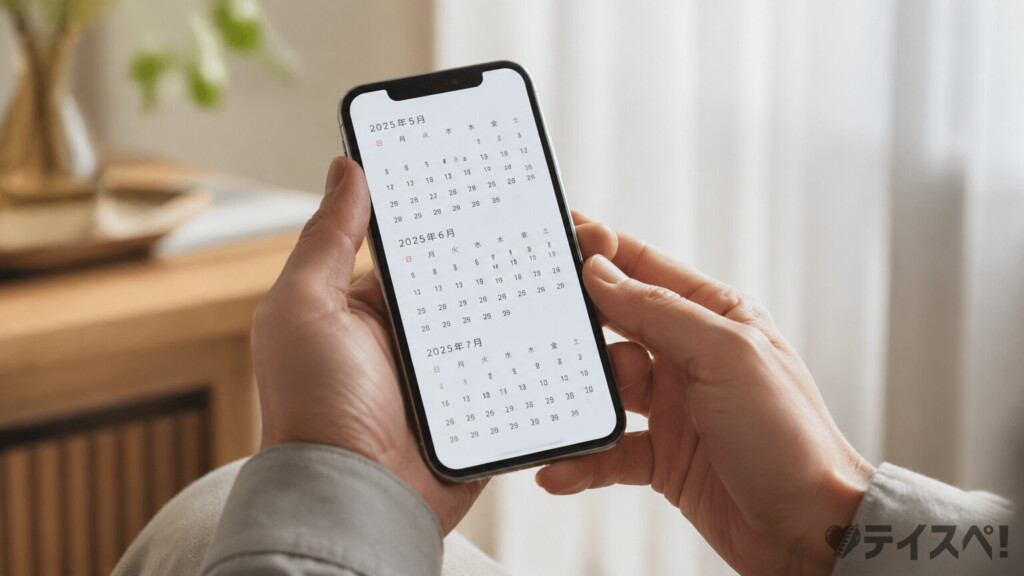 お見合い予定が入っていない空のカレンダーをスマホで見つめる男性の手元の写真
