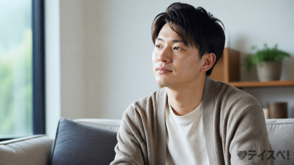 ベージュのカーディガンを着た30代男性が窓際のソファで思索的な表情を浮かべているリビングのポートレート