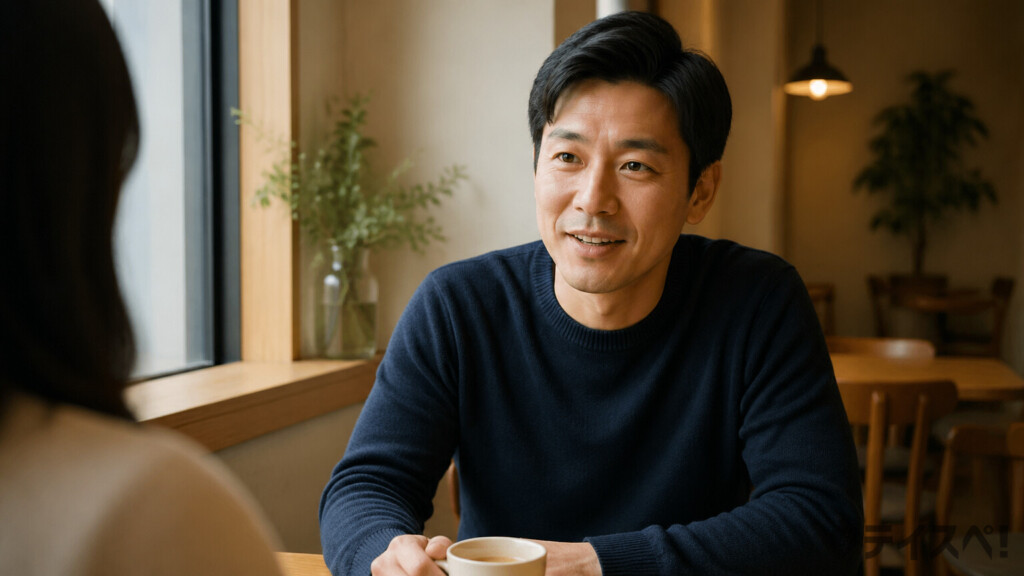 ネイビーのセーターを着た30代男性が落ち着いた表情でカフェのテーブルに座っている上半身ポートレート