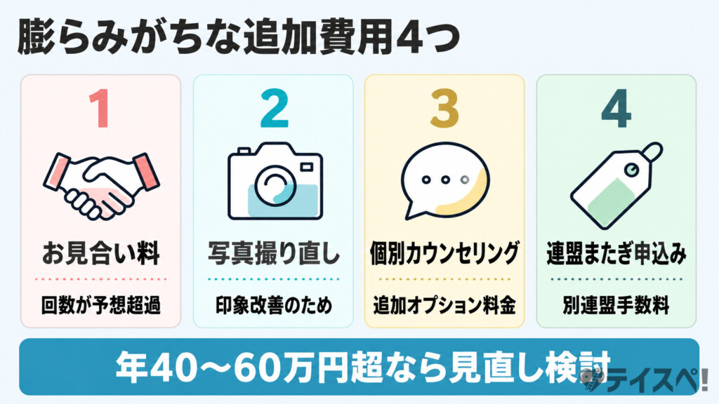 お見合い料・写真撮り直し・個別カウンセリング・連盟またぎ申込みの追加費用4種類を番号付きカードで示した図解
