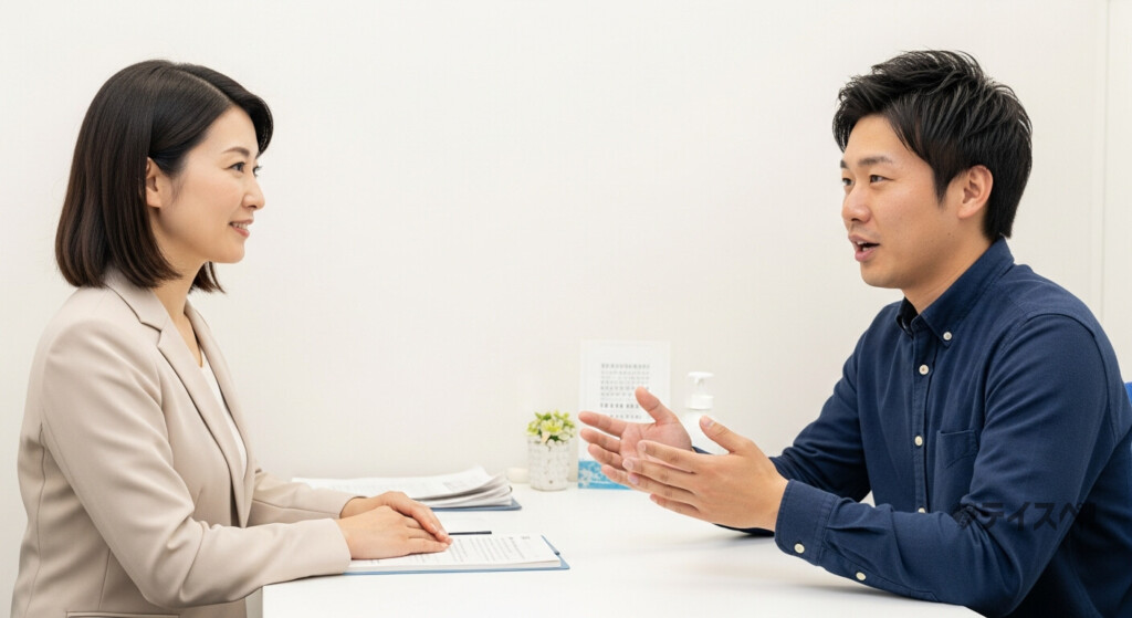 結婚相談所のオフィスで女性カウンセラーと30代男性が対面で話しているカウンセリング風景の写真