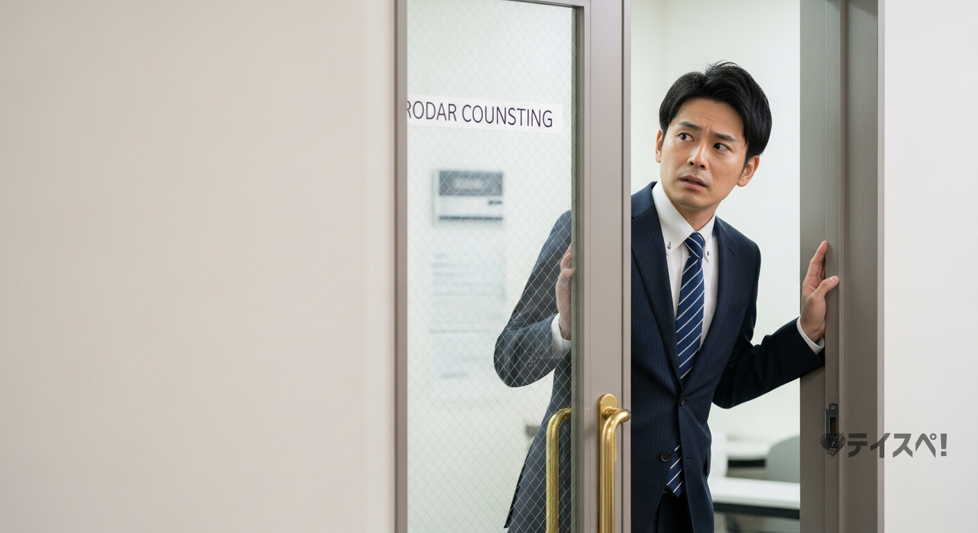 結婚相談所のカウンセリングルームの前で入室をためらう30代男性のイメージ写真