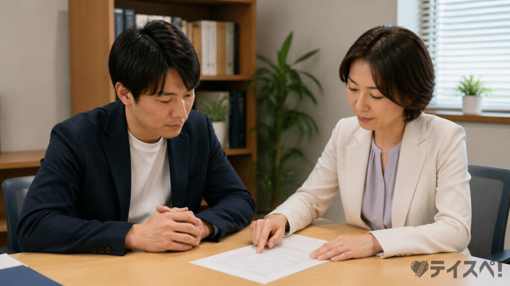 カウンセラーと男性会員が机を挟んで契約書を一緒に確認している面談シーンの写真