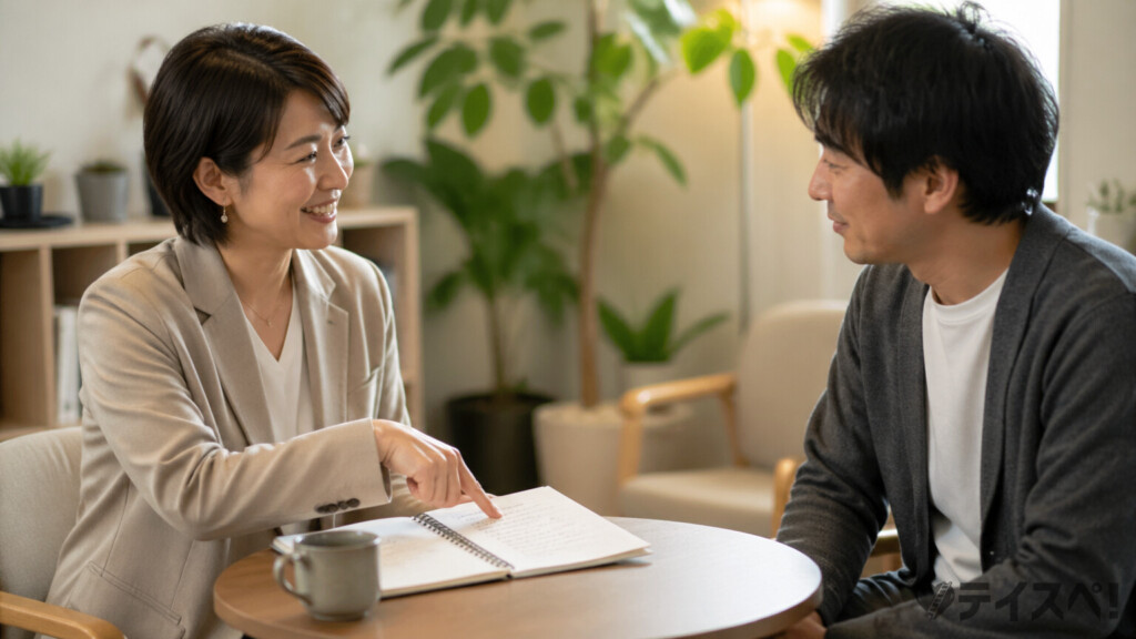 笑顔のカウンセラーが男性会員にノートを見せながらアドバイスしている面談シーンの写真