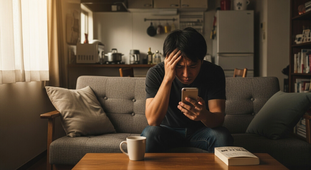 スマートフォンを見ながら頭を抱える30代男性。婚活がうまくいかず落ち込んでいる様子