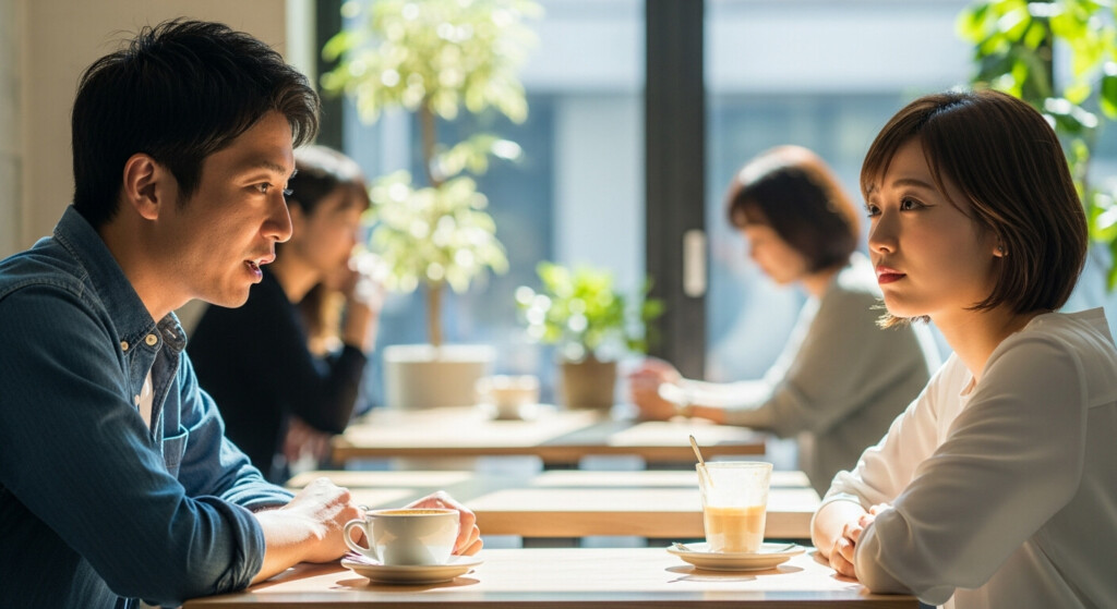 カフェで初対面デート中の30代男女。男性が一方的に話し、女性が少し退屈そうな表情の場面