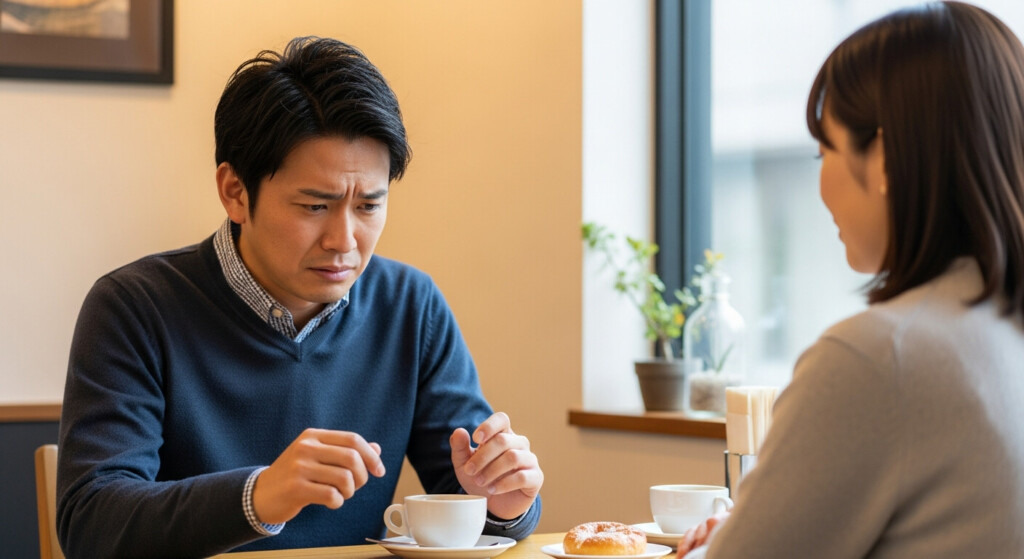 カフェで女性の前に座り、気持ちを伝えるのをためらう表情の30代男性