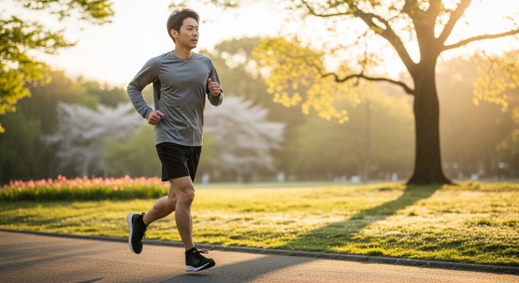 早朝の公園でジョギングに励む30代男性。自己改善に取り組む前向きな印象