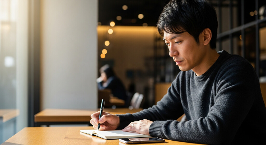 カフェでノートに振り返りを書き留める30代男性。改善点を整理している様子