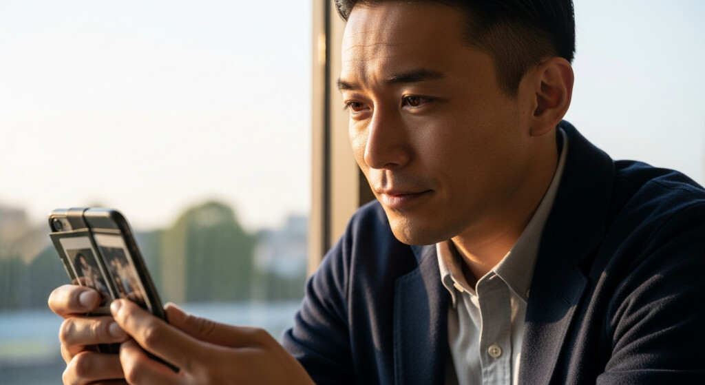 窓際でスマートフォンの写真を見ながら過去を振り返る30代後半男性。穏やかで希望のある表情