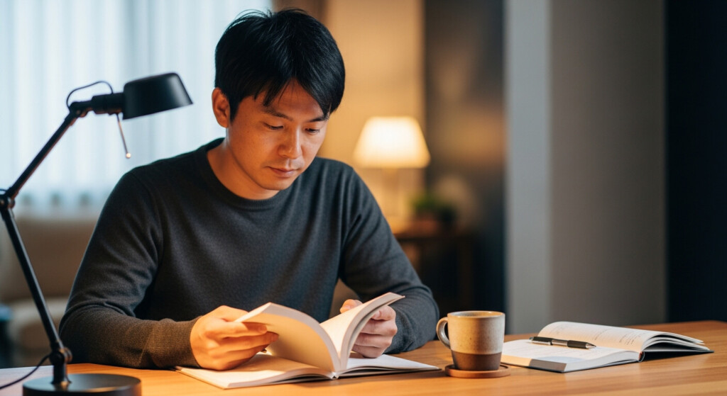 自宅の机で読書に集中する30代男性。コーヒーとノートが置かれた落ち着いた学びの空間