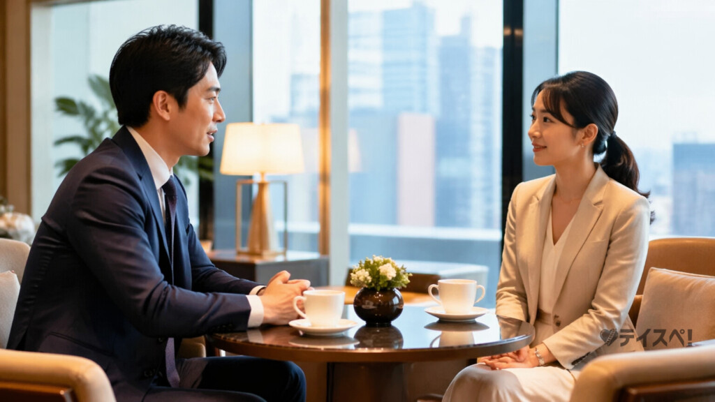高層ビルのラウンジでスーツの男性と上品な女性が初対面の会話をしている様子