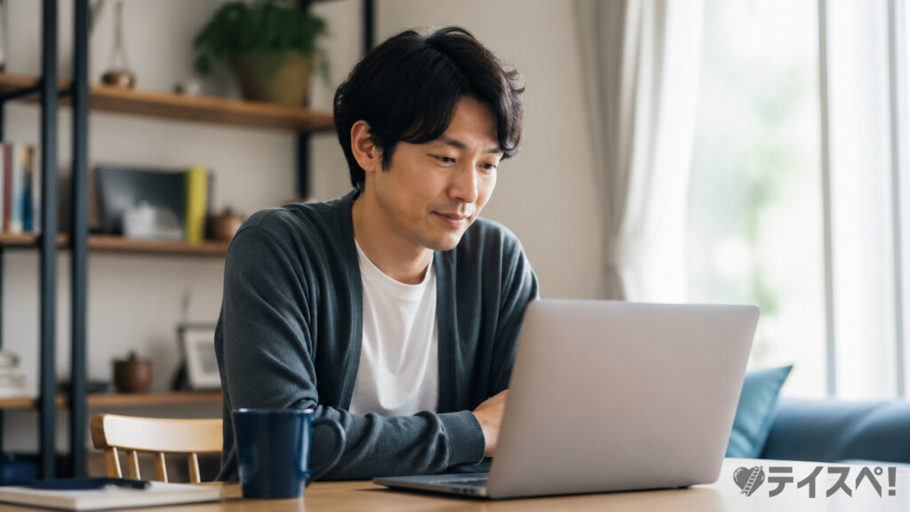 自宅のデスクでノートPCに向かい一人で婚活を進める30代男性の写真