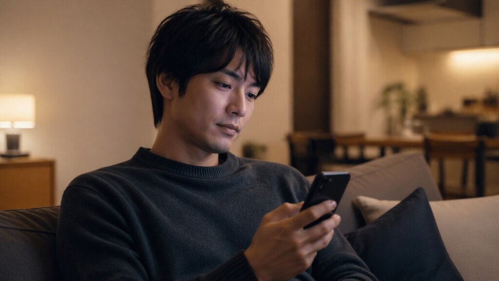 ソファでリラックスしながらスマホで婚活情報をゆっくり見る30代男性