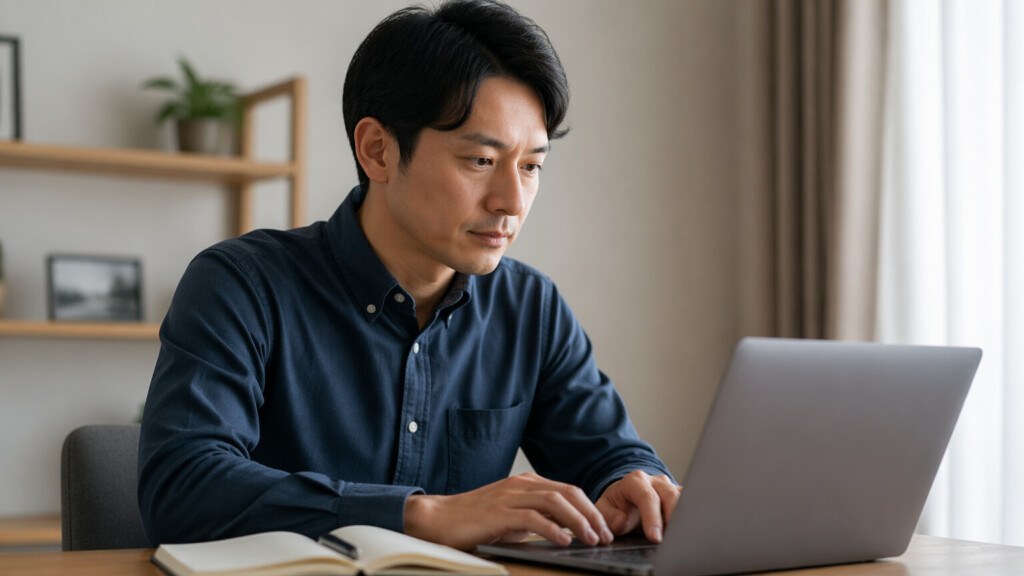 ノートパソコンに向かって真剣な表情で結婚相談所のプロフィールを準備する30代男性