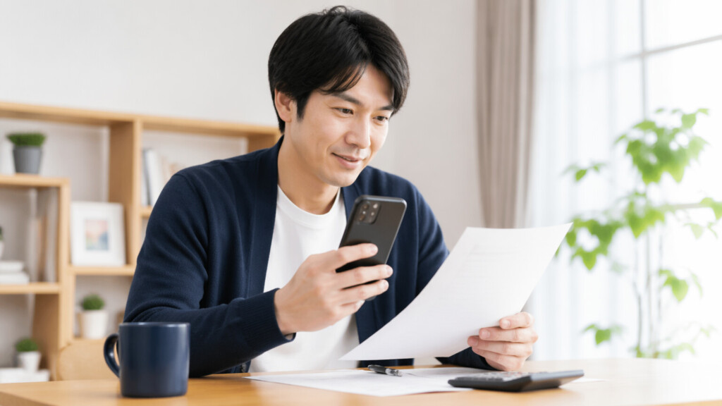 自宅のデスクで書類とスマホを見ながら結婚相談所の割引制度を確認する30代男性 