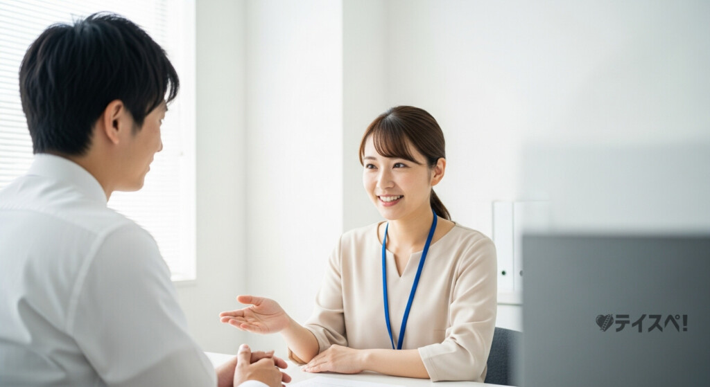 結婚相談所のカウンセラーと対面で婚活相談をする30代男性のイメージ写真