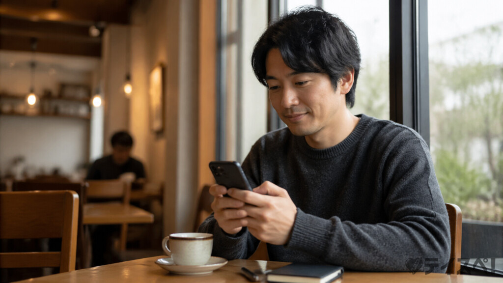 30代男性がカフェでスマートフォンを使い自分のペースで婚活している風景写真