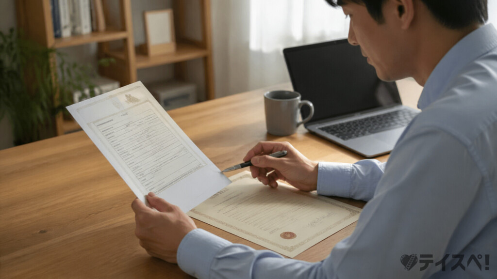 30代男性が独身証明書や収入証明書などの公的書類を確認している風景写真
