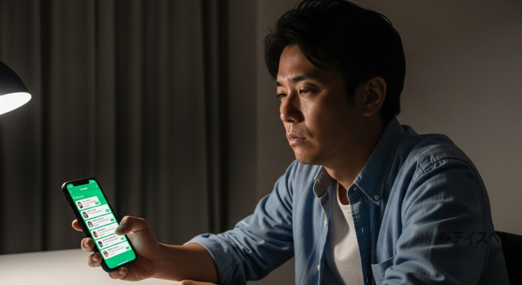 スマートフォンを手に疲れた表情でマッチングアプリのメッセージを確認する30代男性のイメージ写真