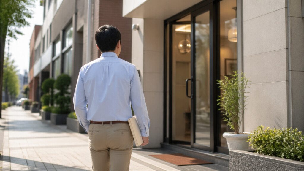 書類を手に地方の街中でオフィスビル入口へ向かう30代男性の後ろ姿