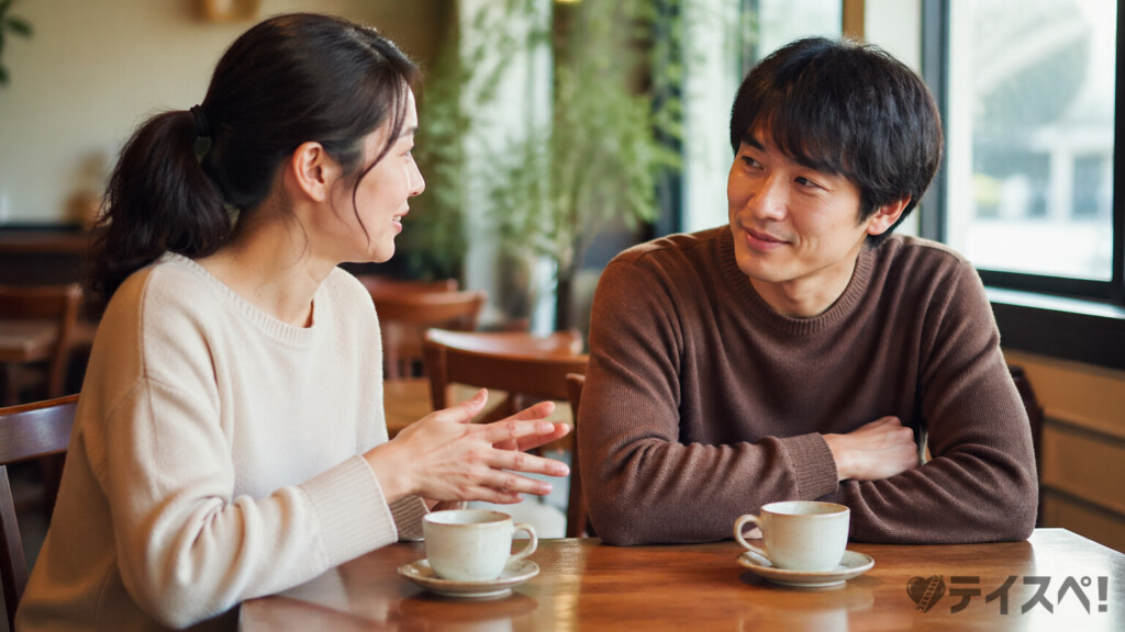 カフェで30代男性が前のめりに30代女性の話を遮らずに聞いており、女性が手振りを交えて話しているシーン