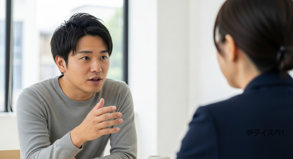 明るい相談室で前のめりに話す30代男性がカウンセラーに素直に悩みを打ち明けている場面の写真