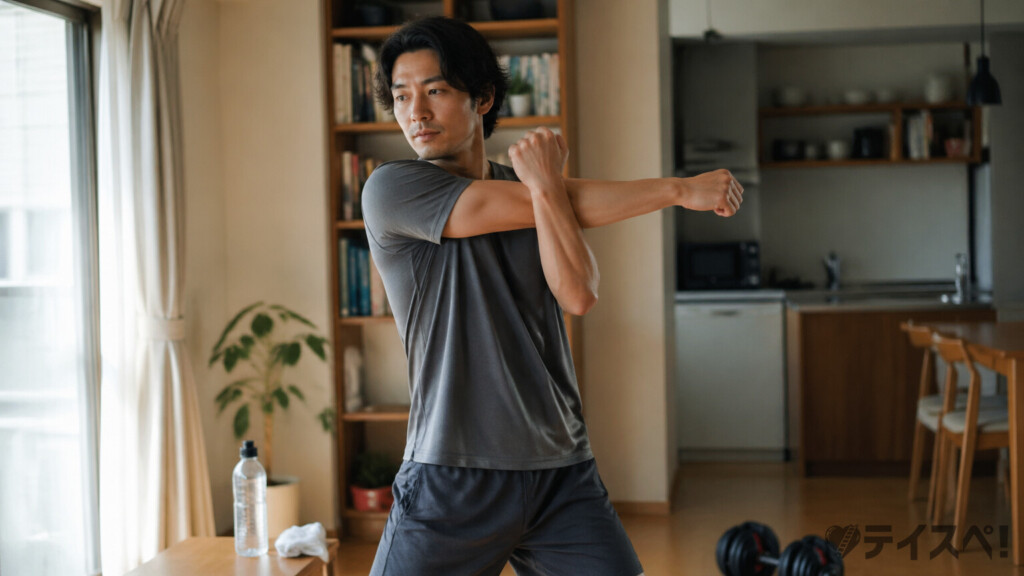 グレーのTシャツを着た30代男性が自宅リビングでダンベルを使った地道な自己改善トレーニングを行っているライフスタイル写真