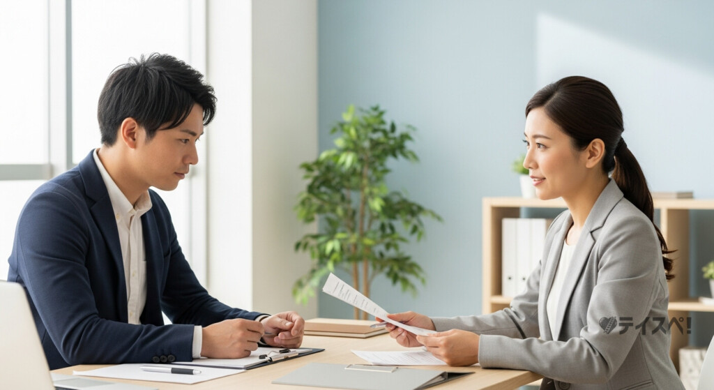 結婚相談所のカウンセラーと相談する30代男性