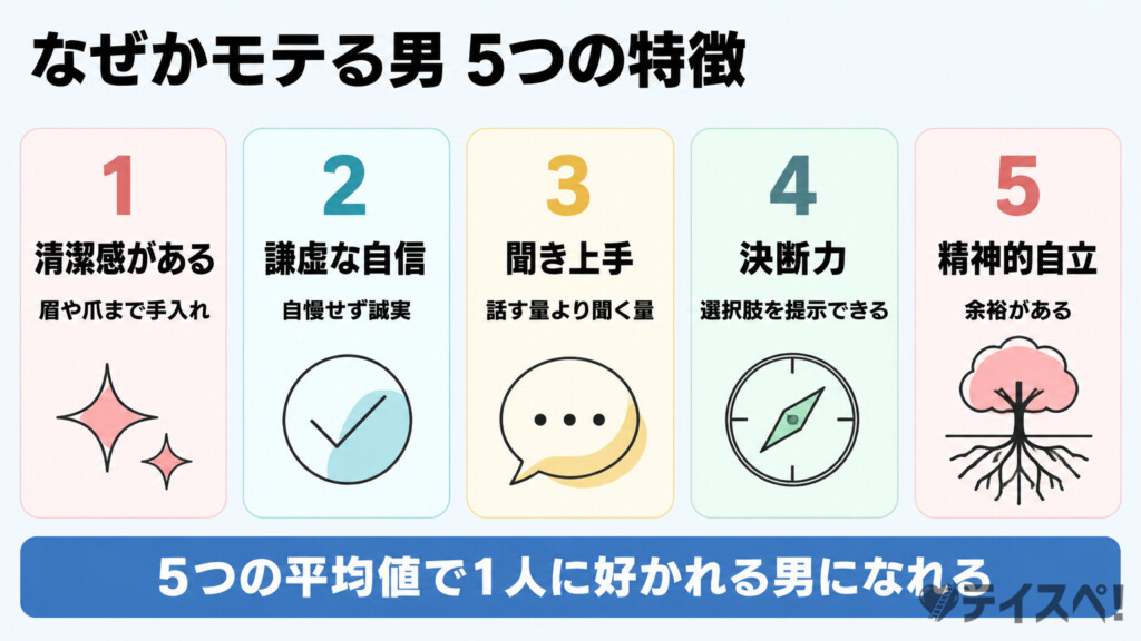 なぜかモテる男の5つの特徴を清潔感・謙虚な自信・聞き上手・決断力・精神的自立として番号付きカードで横並びに整理した日本語の図解
