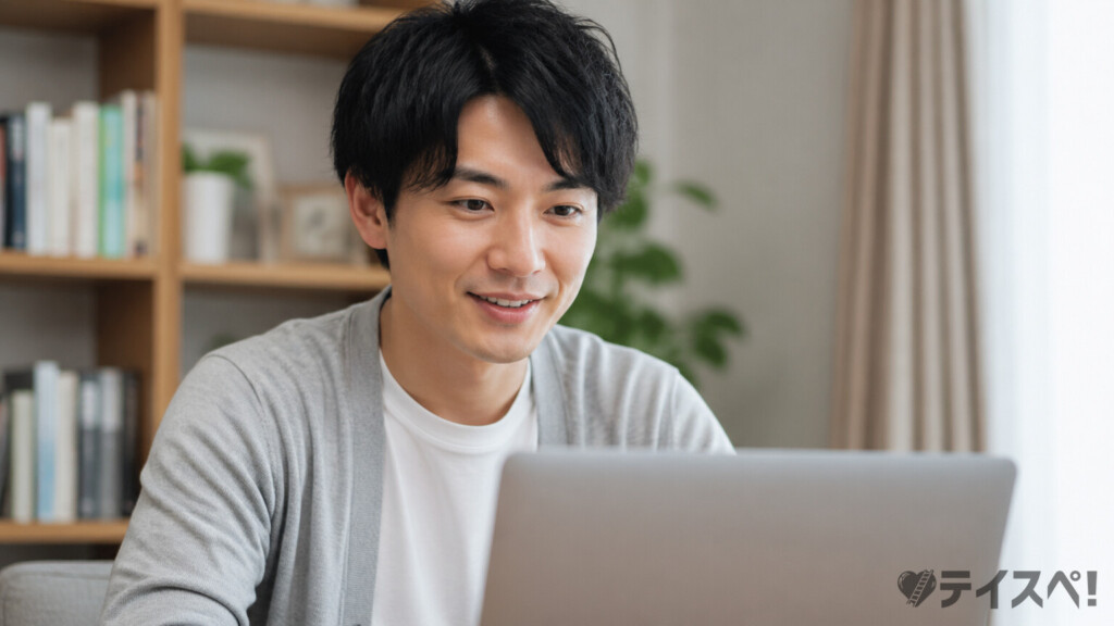 自宅でノートPCに向かいオンライン相談を受ける30代の上半身ポートレート写真