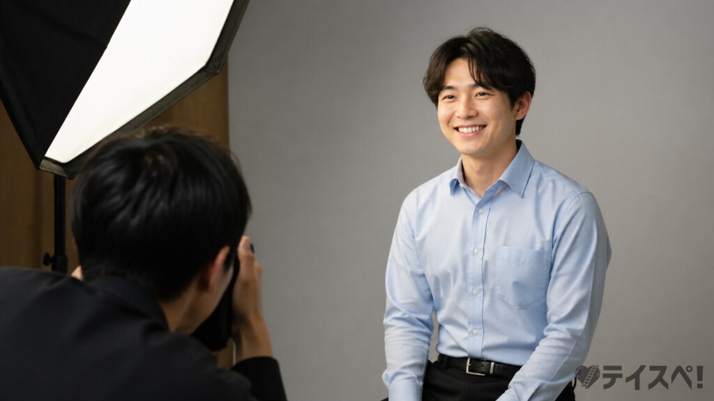 フォトスタジオで男性会員がプロフィール写真の撮り直しをしている様子の写真