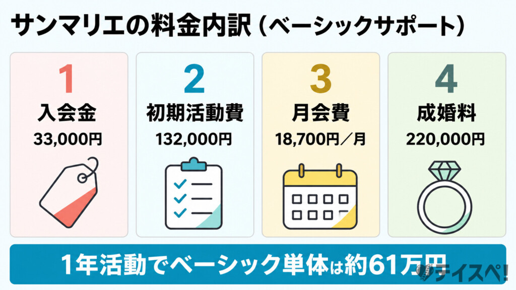 サンマリエのベーシックサポートの料金内訳を入会金・初期活動費・月会費・成婚料の4枚カードで示した図解